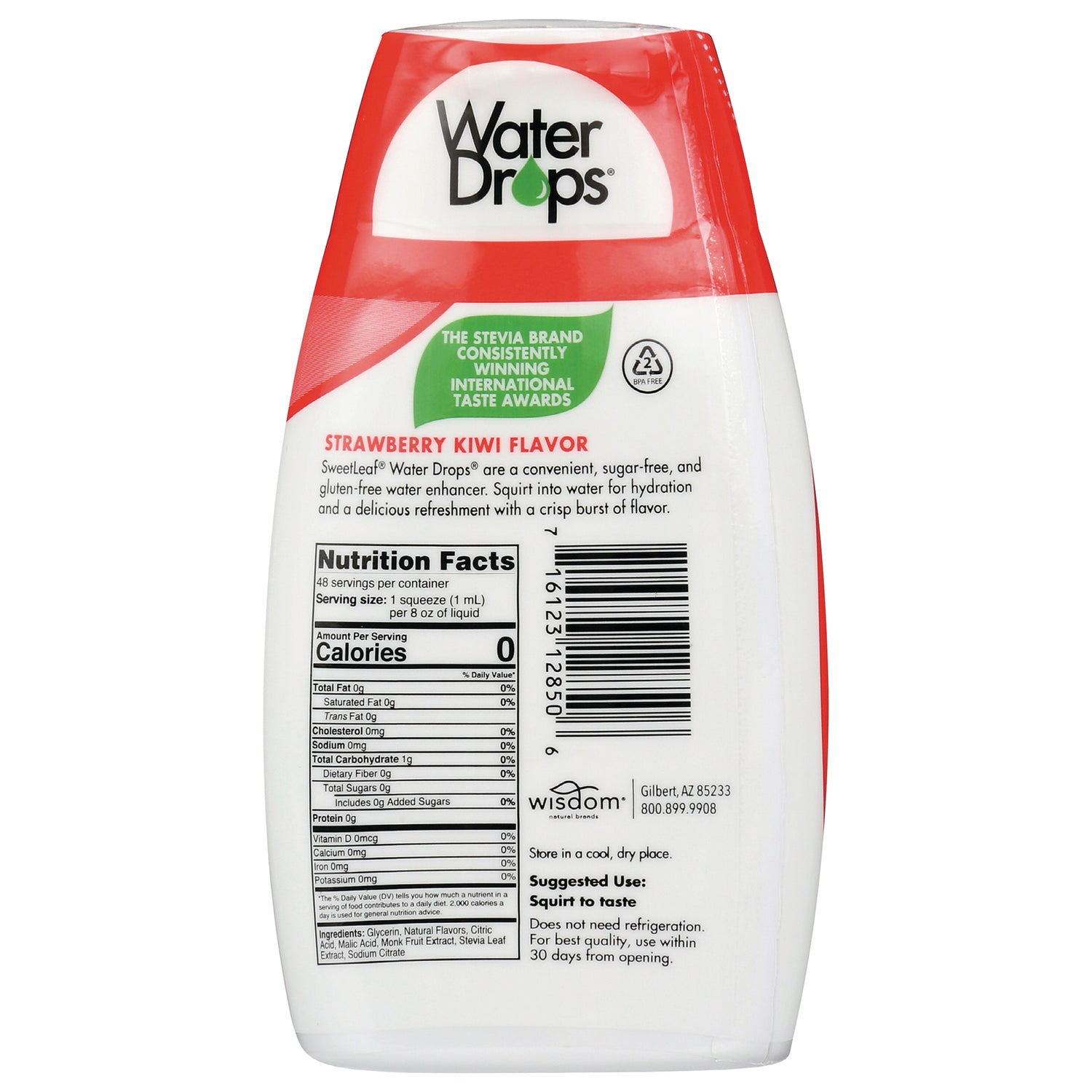 WA086 | Back of Water Drops Strawberry Kiwi Flavor water enhancer with Nutrition Facts panel and barcode