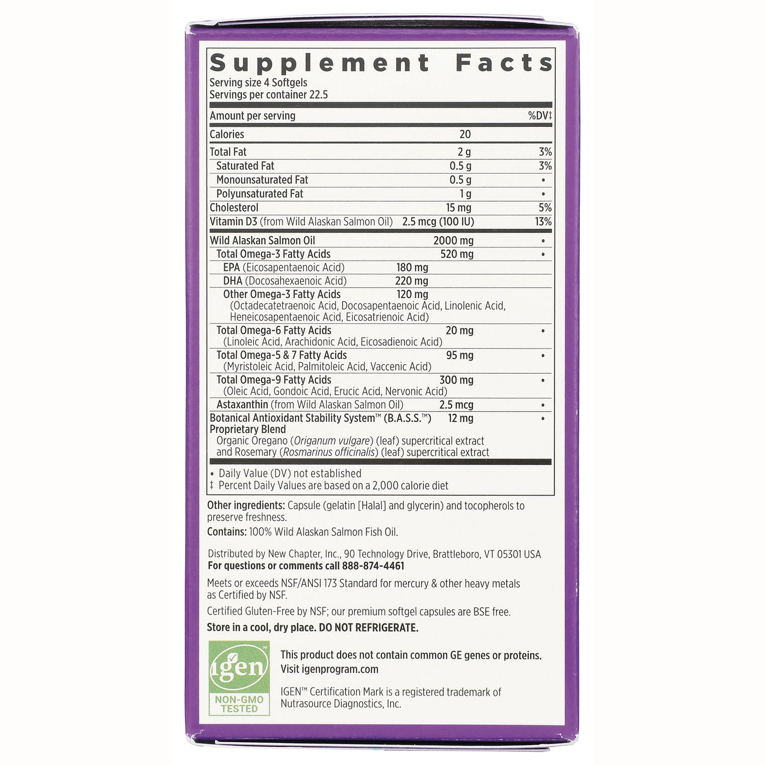 NWC112 | Supplement Facts panel showing serving size, omega-3 amounts, vitamin D, other ingredients and storage instructions