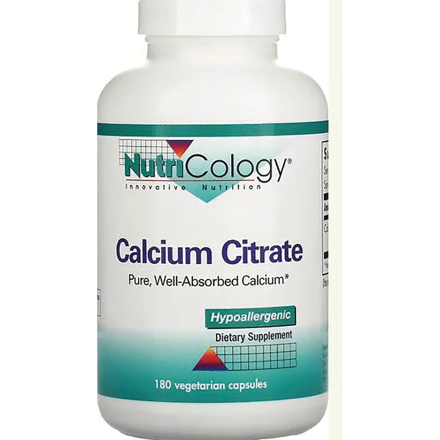 NCL017 | NutriCology Calcium Citrate bottle front label, hypoallergenic dietary supplement, 180 vegetarian capsules