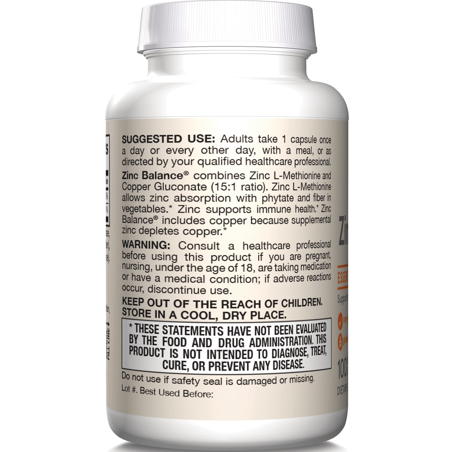 JR102 | Back label of supplement bottle showing suggested use, warning, and FDA disclaimer text