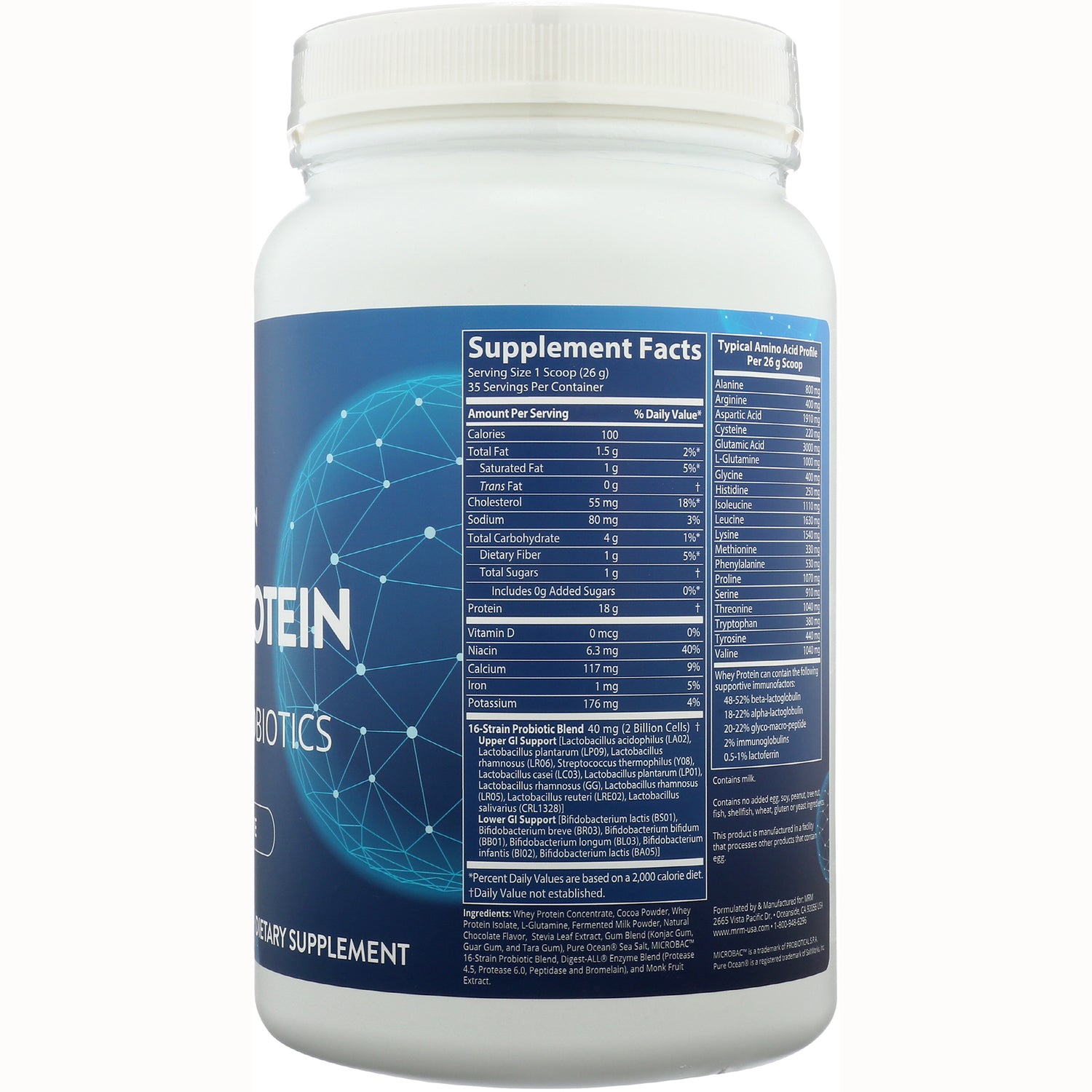 MRM005 | Back of white supplement jar showing Supplement Facts and nutritional tables