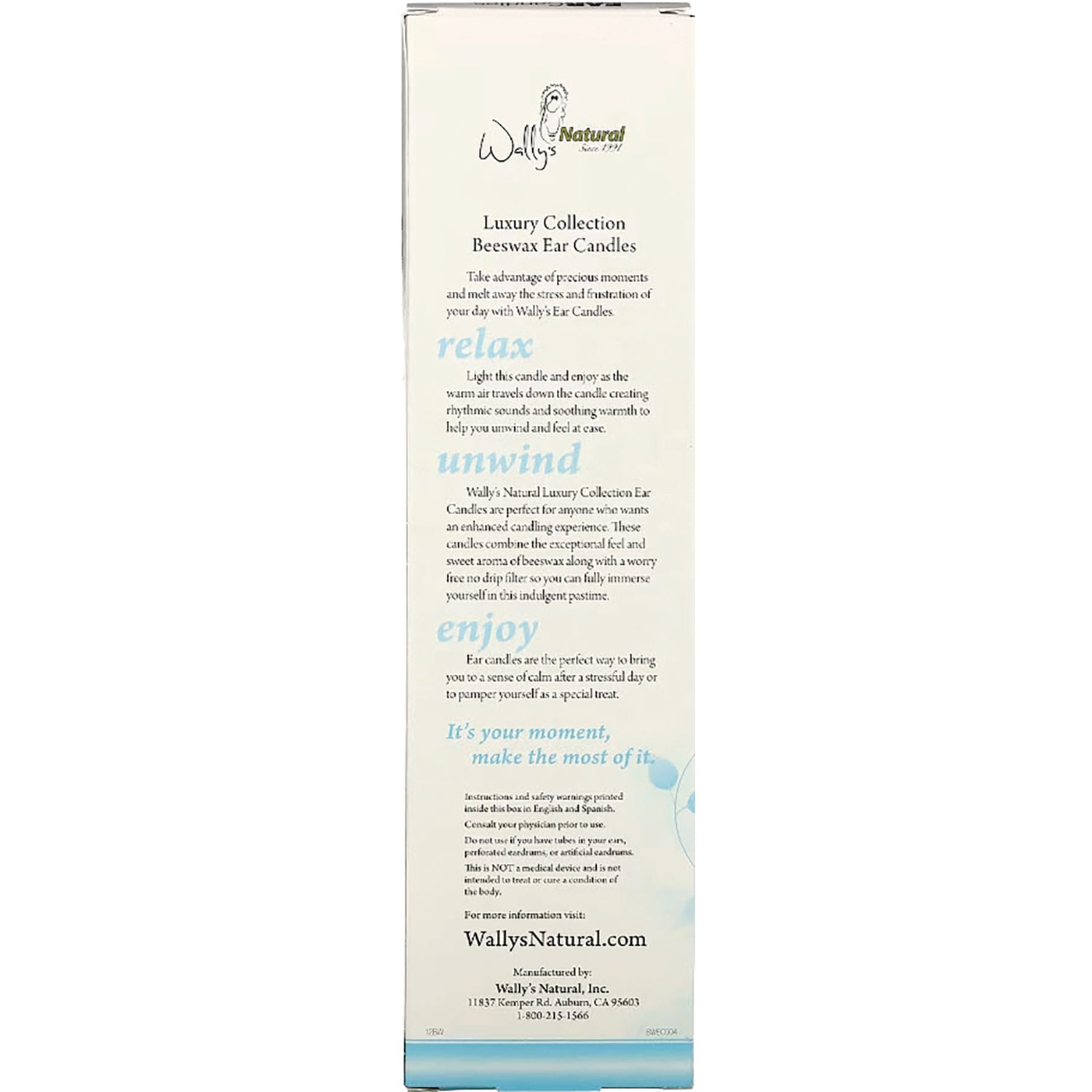 WLY002 | Back of Wally's Natural Luxury Collection Beeswax Ear Candles box with relax, unwind, enjoy text