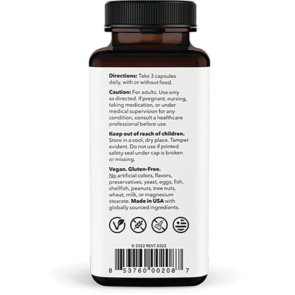 LSS003 | back label of supplement bottle showing Directions Take 3 capsules daily, vegan gluten-free claims, icons and barcode - Thumbnail
