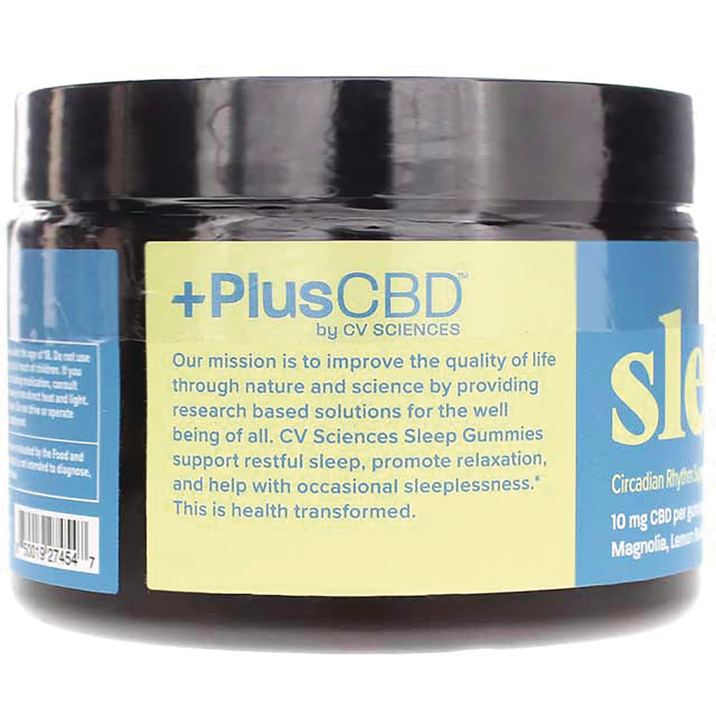 CV044 | PlusCBD by CV Sciences sleep gummies jar label with mission text and product benefits - Thumbnail