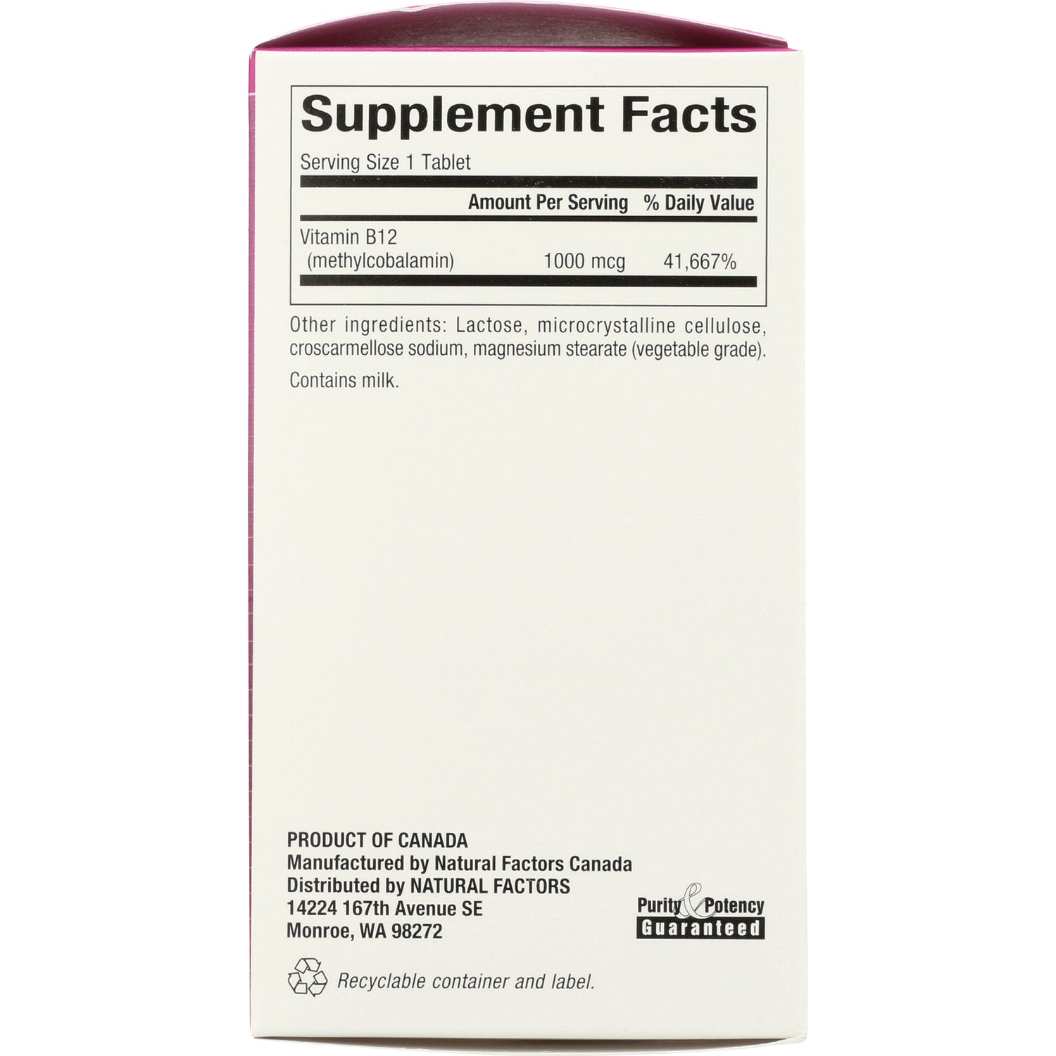 NFC002 | Back of supplement box showing Supplement Facts for Vitamin B12 1000 mcg, ingredients and manufacturer info