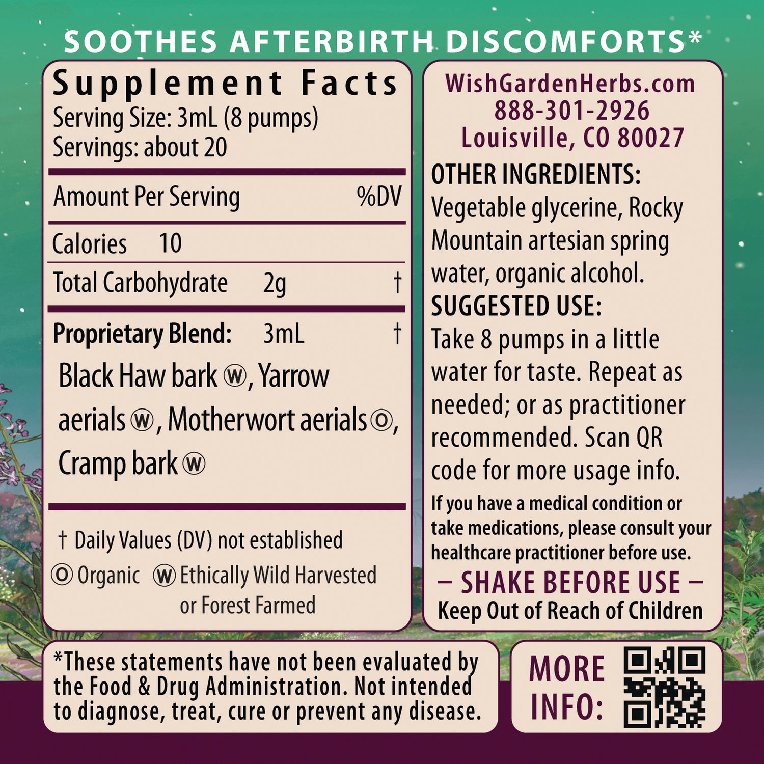 WGH001 | Back label with Supplement Facts, ingredients, suggested use, and 'SHAKE BEFORE USE' for WishGarden Herbs