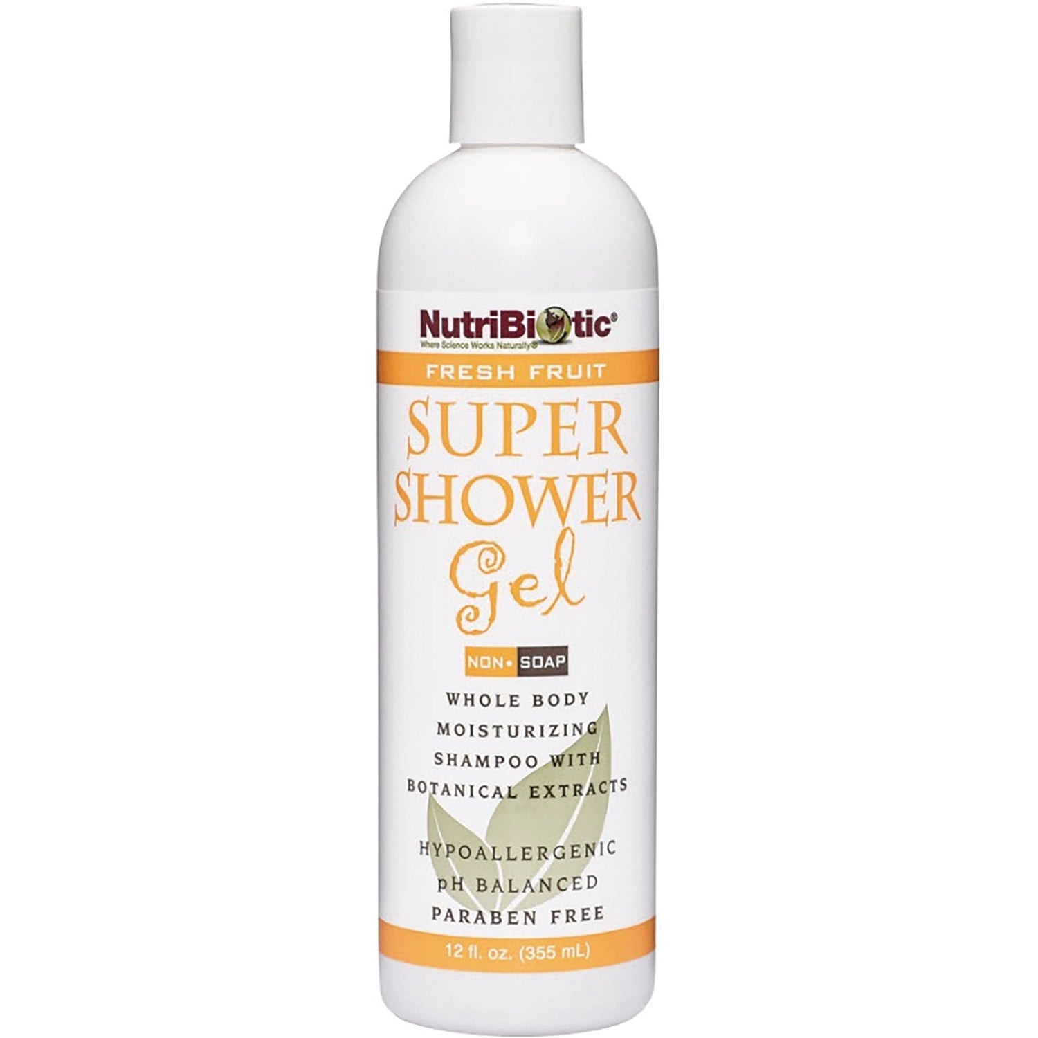 NUB009 | NutriBiotic Super Shower Gel Fresh Fruit white bottle non-soap whole body moisturizing shampoo 12 fl oz