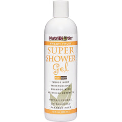 NUB009 | NutriBiotic Super Shower Gel Fresh Fruit white bottle non-soap whole body moisturizing shampoo 12 fl oz