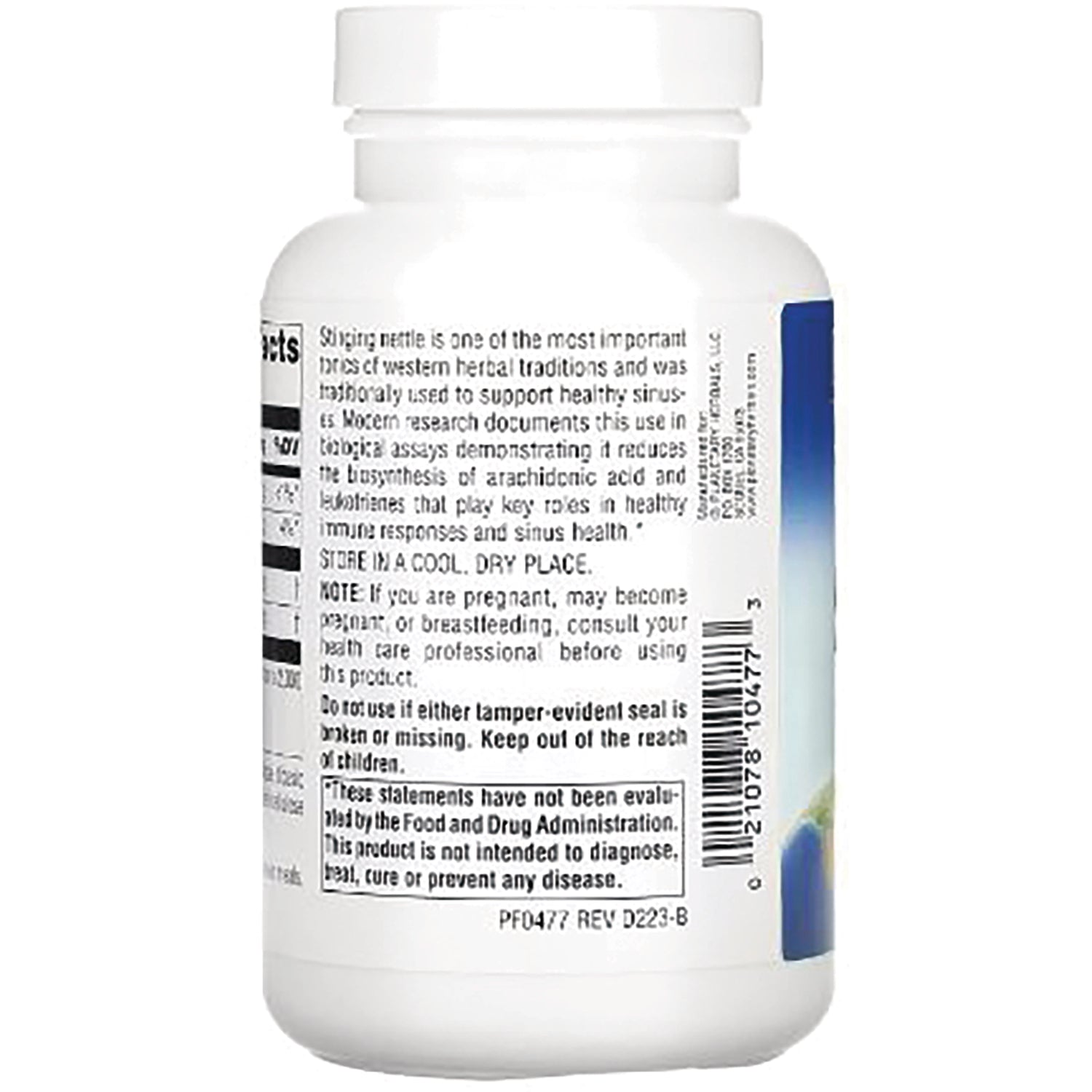 PF052 | back label of white supplement bottle showing ingredients, warnings and barcode