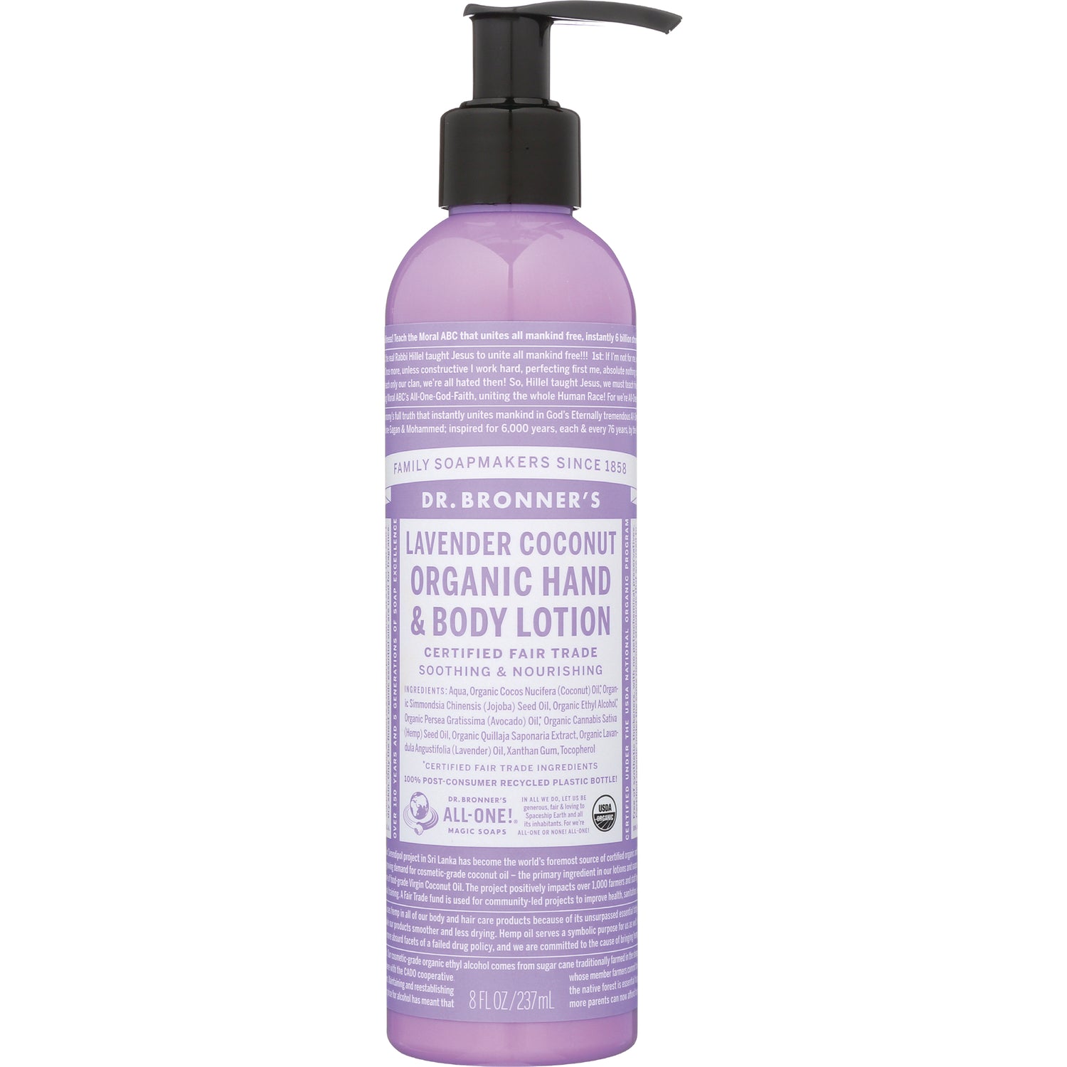 DRB034 | Dr. Bronner's lavender coconut organic hand and body lotion in tall purple pump bottle, 8 fl oz