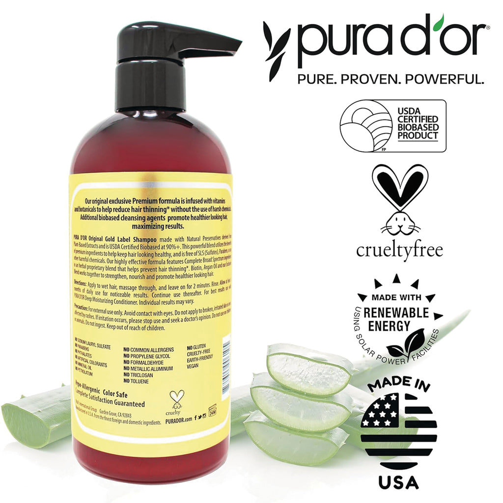 PDO005 | Back label of red pump shampoo bottle with ingredient text, aloe slices, and certification icons - Thumbnail
