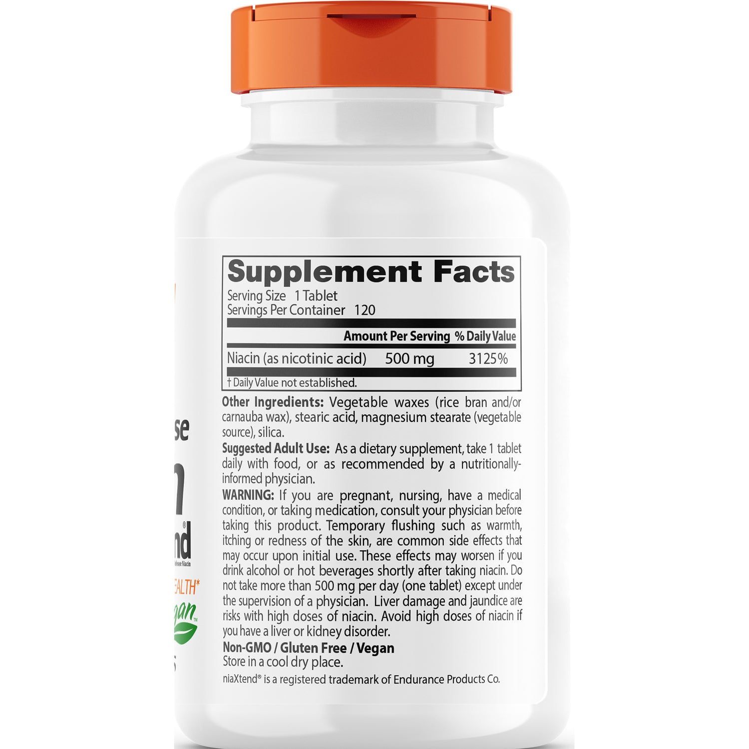 DB213 | back label with Supplement Facts panel showing Niacin 500 mg, serving size 1 tablet, ingredients and warnings