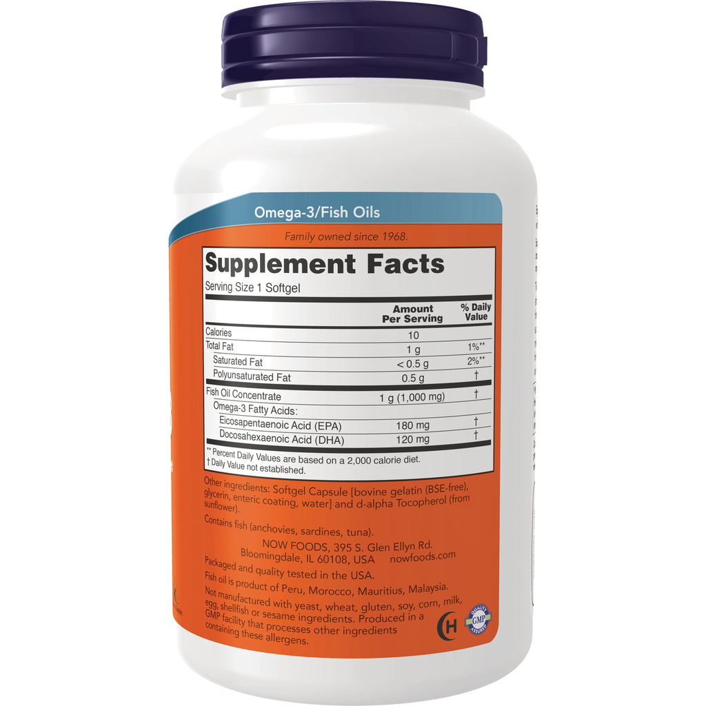 NWF071 | Back of white supplement bottle showing Supplement Facts panel for Omega-3/Fish Oils, serving size 1 softgel - Thumbnail