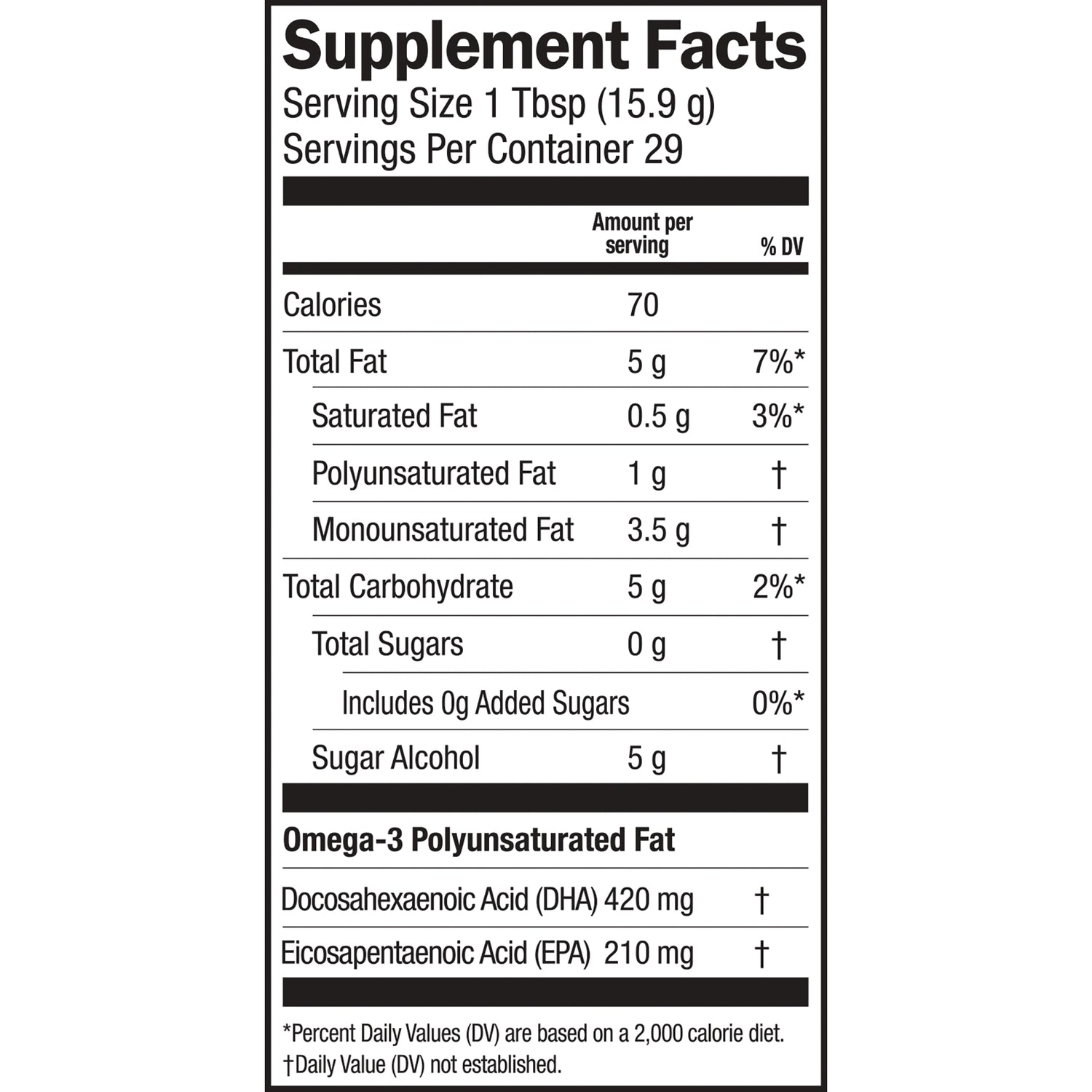 BAR112 | Supplement Facts label showing serving size 1 Tbsp, 70 calories, total fat 5 g, sugar alcohol 5 g, DHA 420 mg, EPA 210 mg