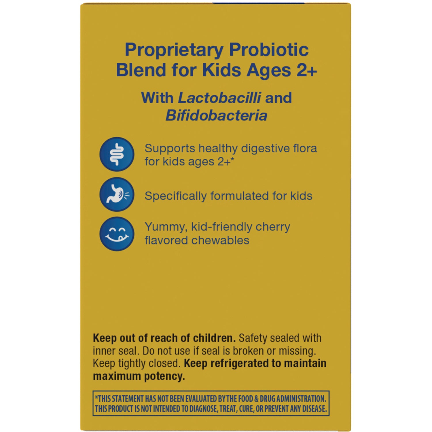 NW565 | Back panel stating Proprietary Probiotic Blend for Kids Ages 2+, benefits for ages 2+, cherry chewables, keep refrigerated to maintain potency