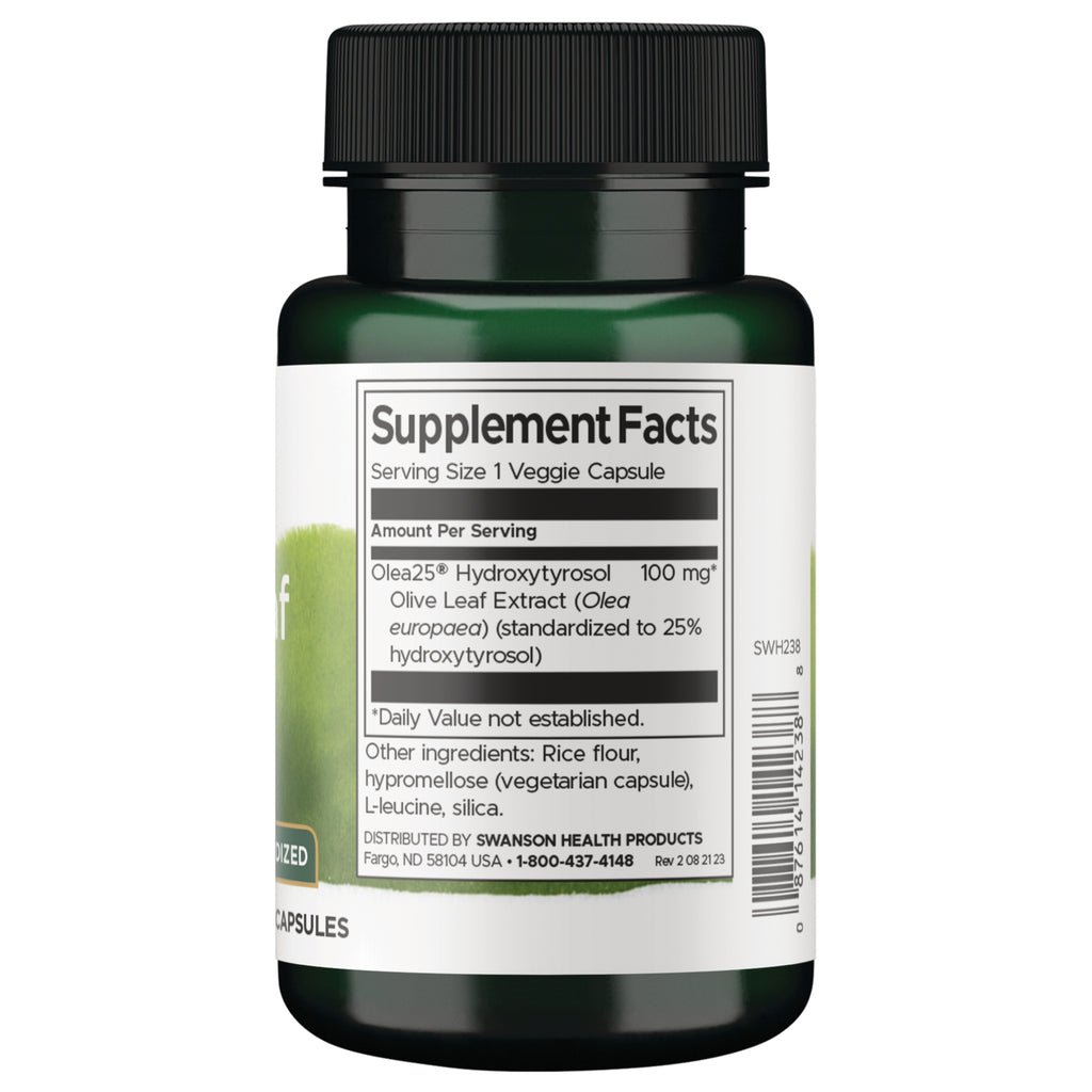 SWH238 | Supplement Facts panel for Olea25 Hydroxytyrosol Olive Leaf Extract, serving size 1 veggie capsule, 100 mg - Thumbnail