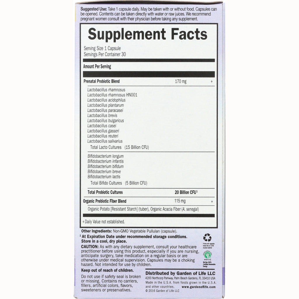 GLF224 | Supplement Facts back label listing prenatal probiotic and organic prebiotic blends, serving size 1 capsule, total probiotics 20 Billion CFU - Thumbnail