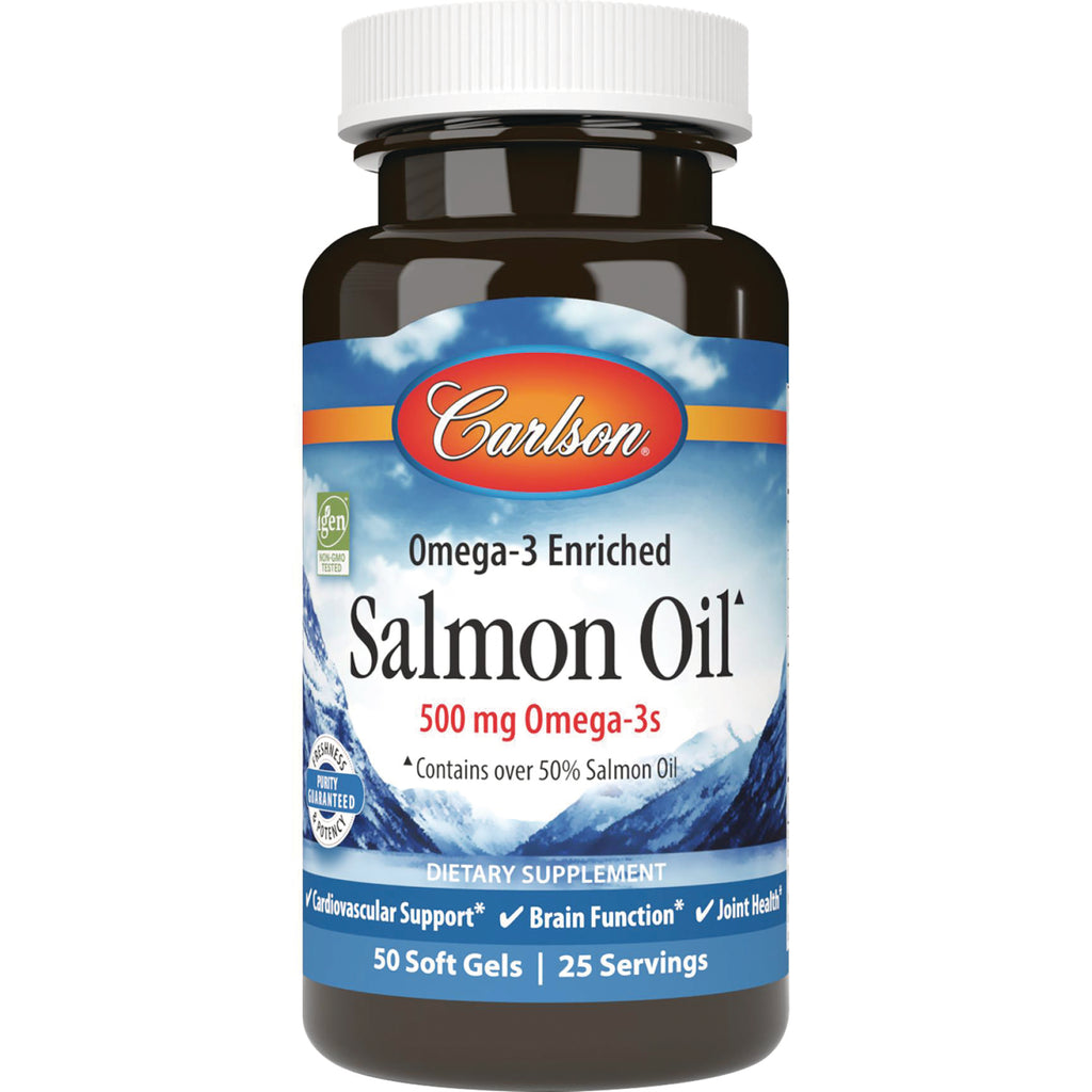 CSN234 | Carlson Salmon Oil 500 mg Omega-3s dietary supplement bottle, 50 soft gels - Thumbnail