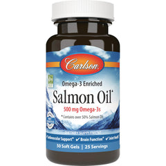 CSN234 | Carlson Salmon Oil 500 mg Omega-3s dietary supplement bottle, 50 soft gels