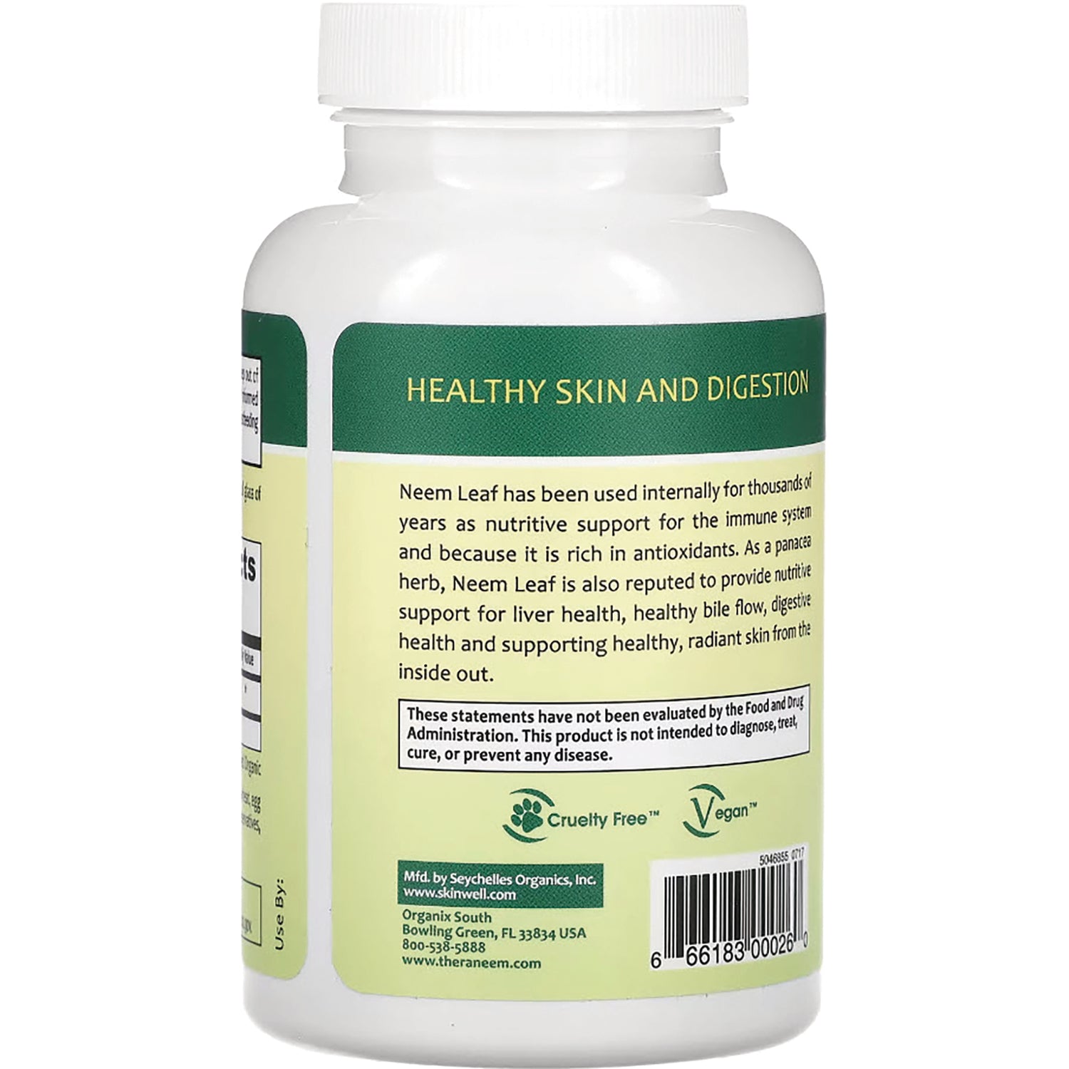 OGX017 | Back label of white supplement bottle showing heading Healthy Skin and Digestion, product description, cruelty free and vegan icons and barcode
