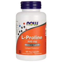 NWF687 | NOW L-Proline 500 mg bottle with orange label reading L-Proline 500 mg, 120 Veg Capsules