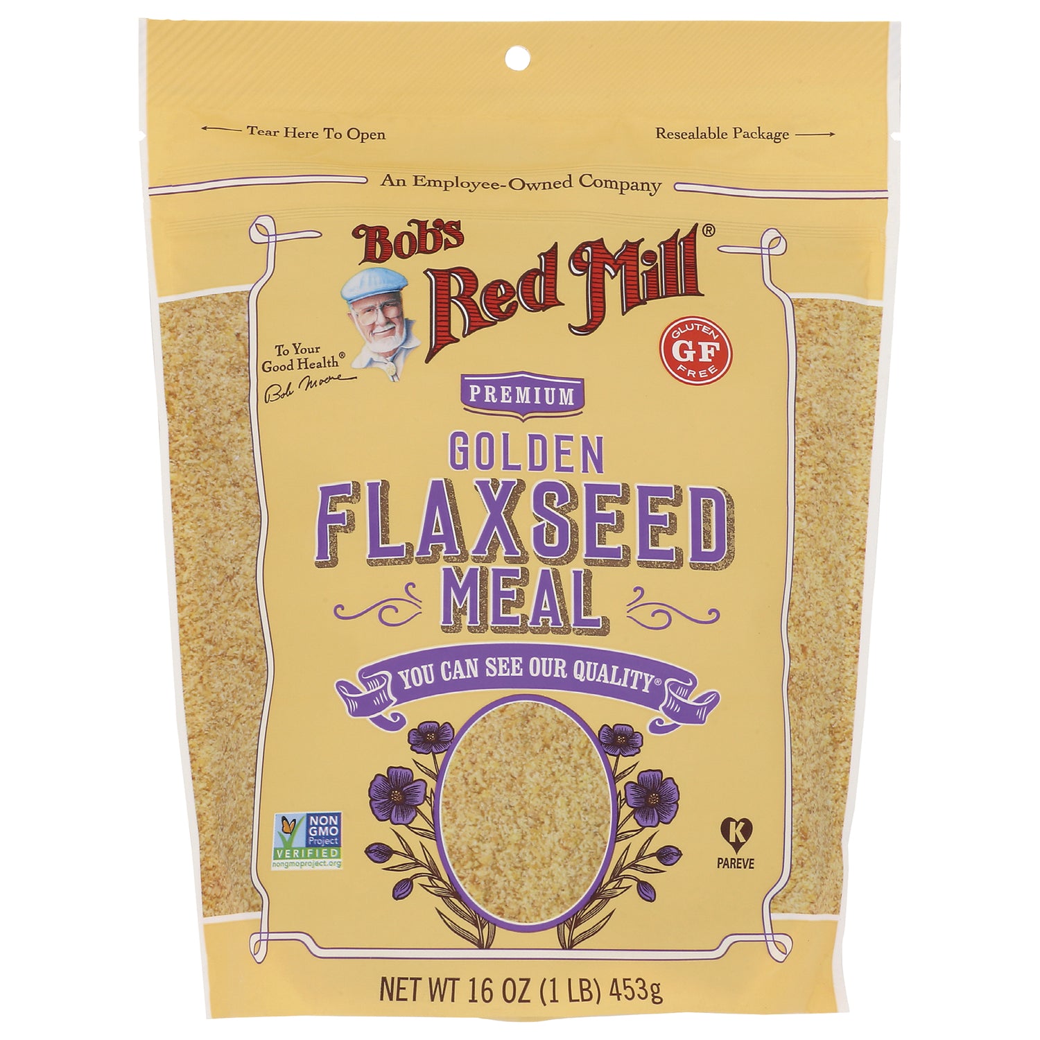 BOB264 | Bob's Red Mill premium golden flaxseed meal front packaging with clear window showing product