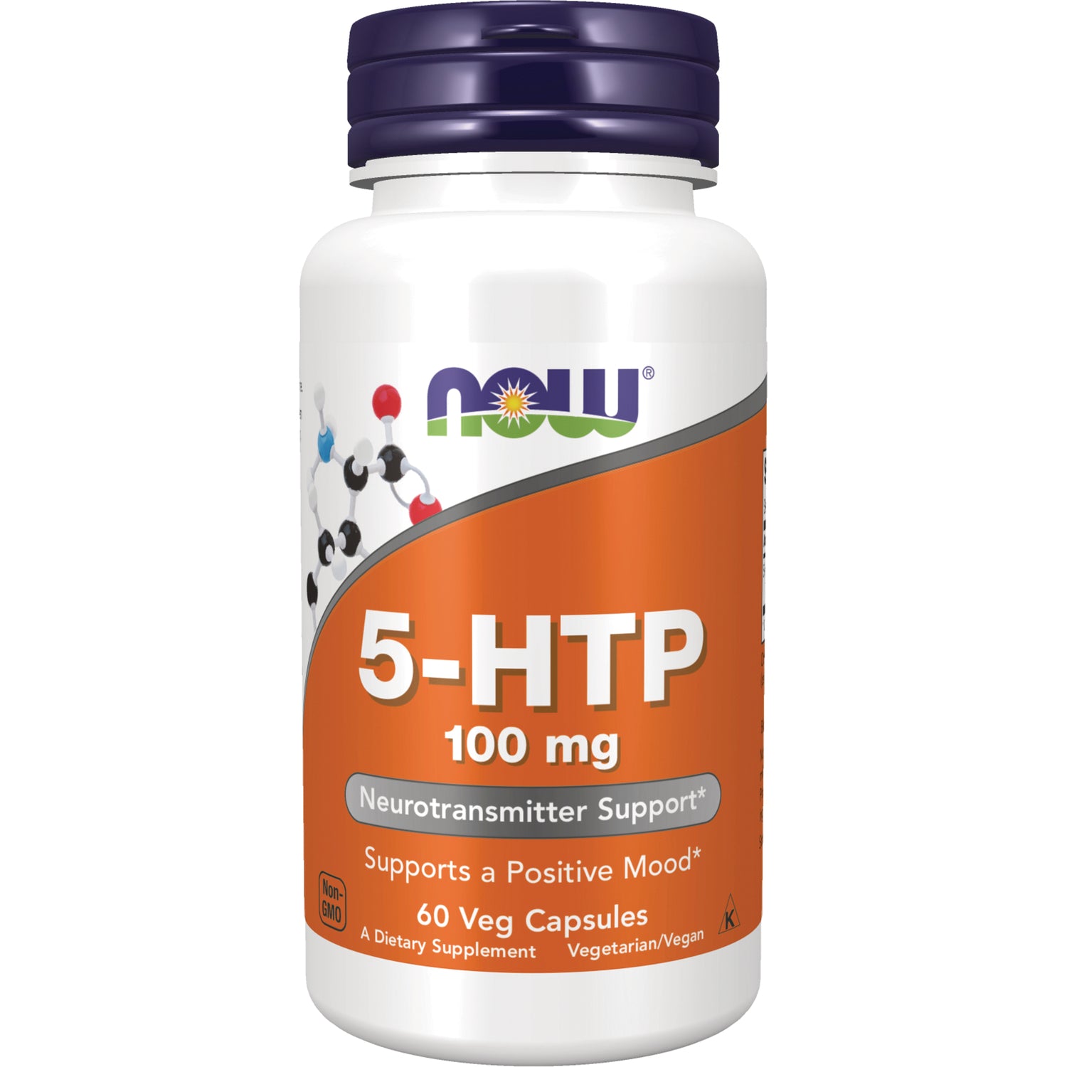 NWF011 | NOW 5-HTP 100 mg white bottle with orange label, 60 Veg Capsules dietary supplement
