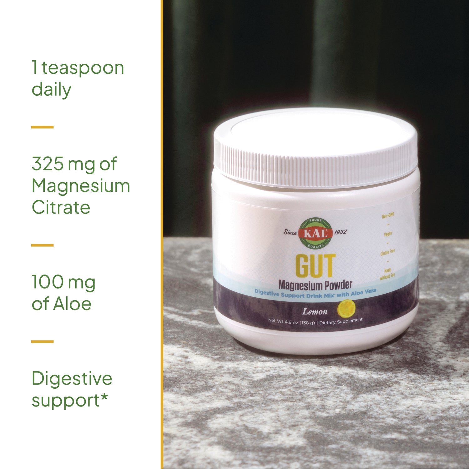 KL591 | KAL GUT Magnesium Powder Lemon jar with benefits: 1 teaspoon daily; 325 mg magnesium citrate; 100 mg aloe; digestive support