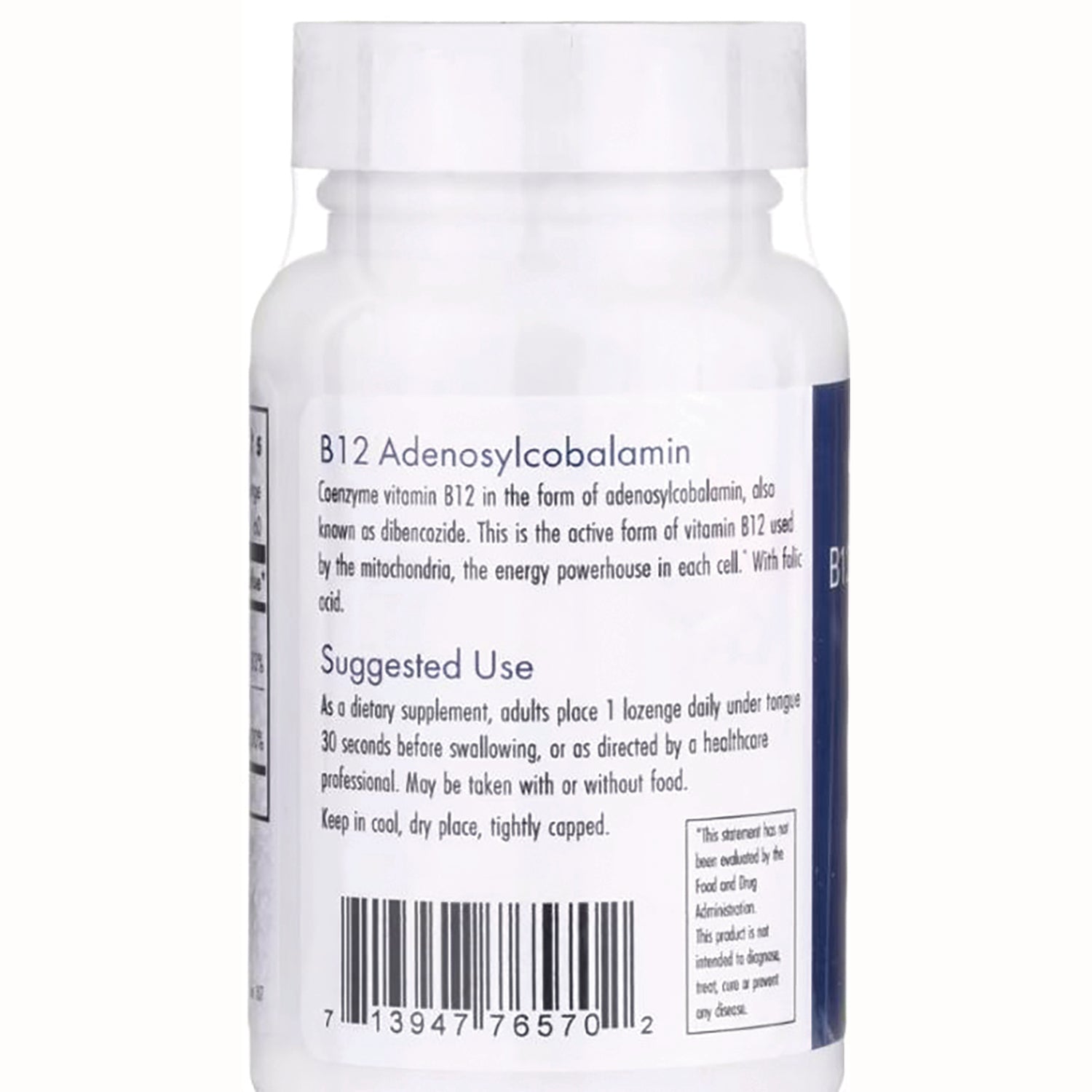 ARG072 | Back label of B12 Adenosylcobalamin supplement bottle showing suggested use text and barcode