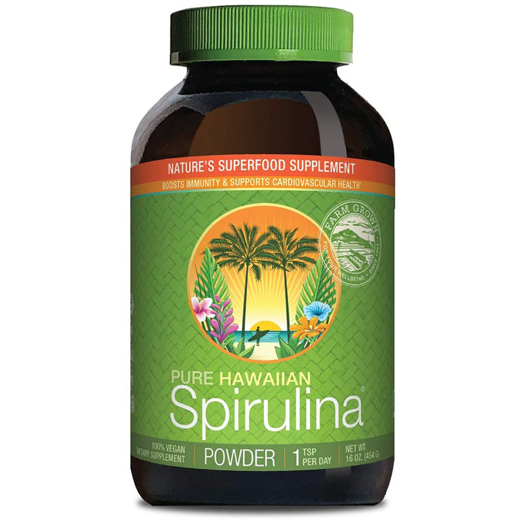 NUT009 | Green bottle of Pure Hawaiian Spirulina powder with tropical palm logo and green lid - Thumbnail