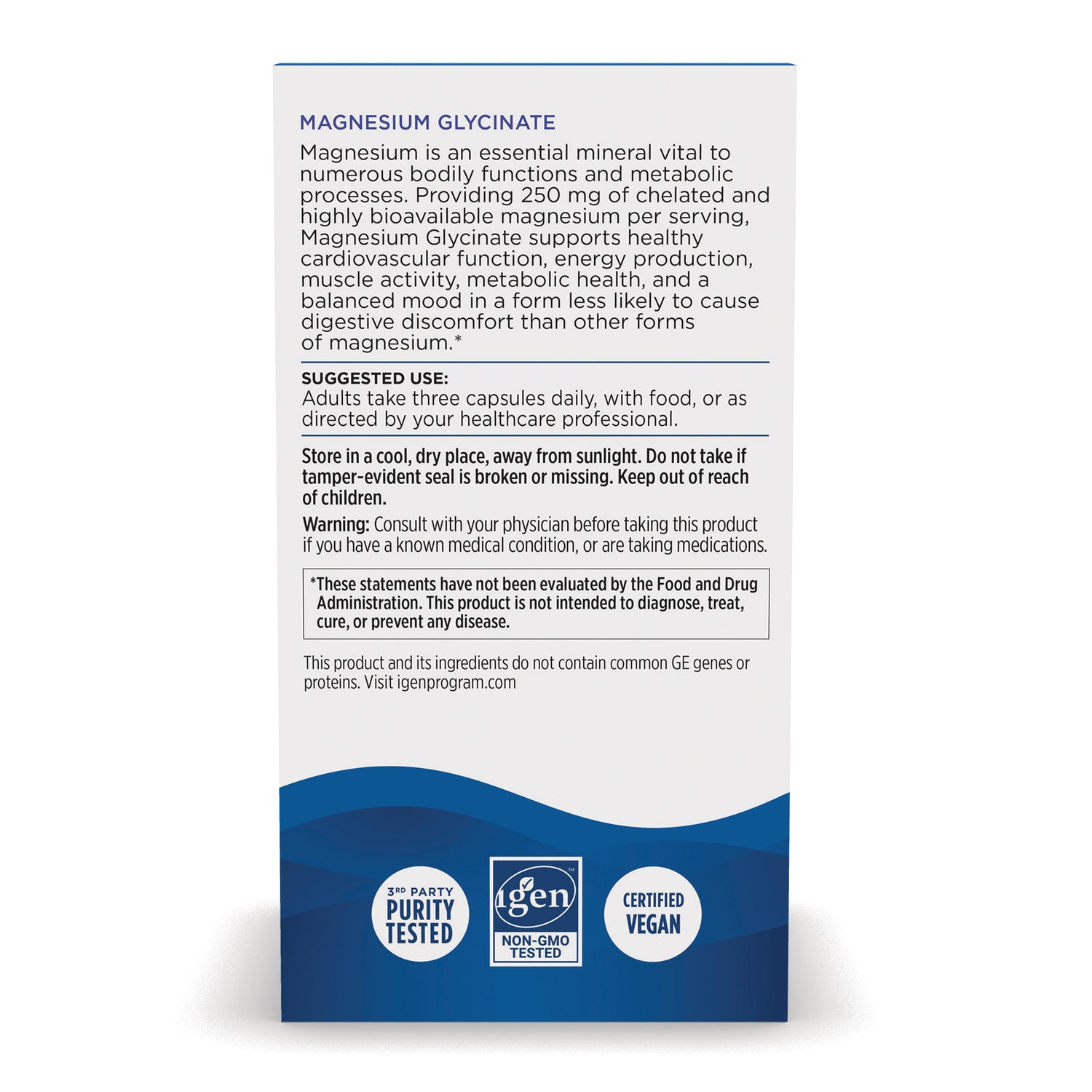 NRN141 | Back panel of Magnesium Glycinate box showing suggested use, storage and warning text plus purity, non-GMO, certified vegan seals