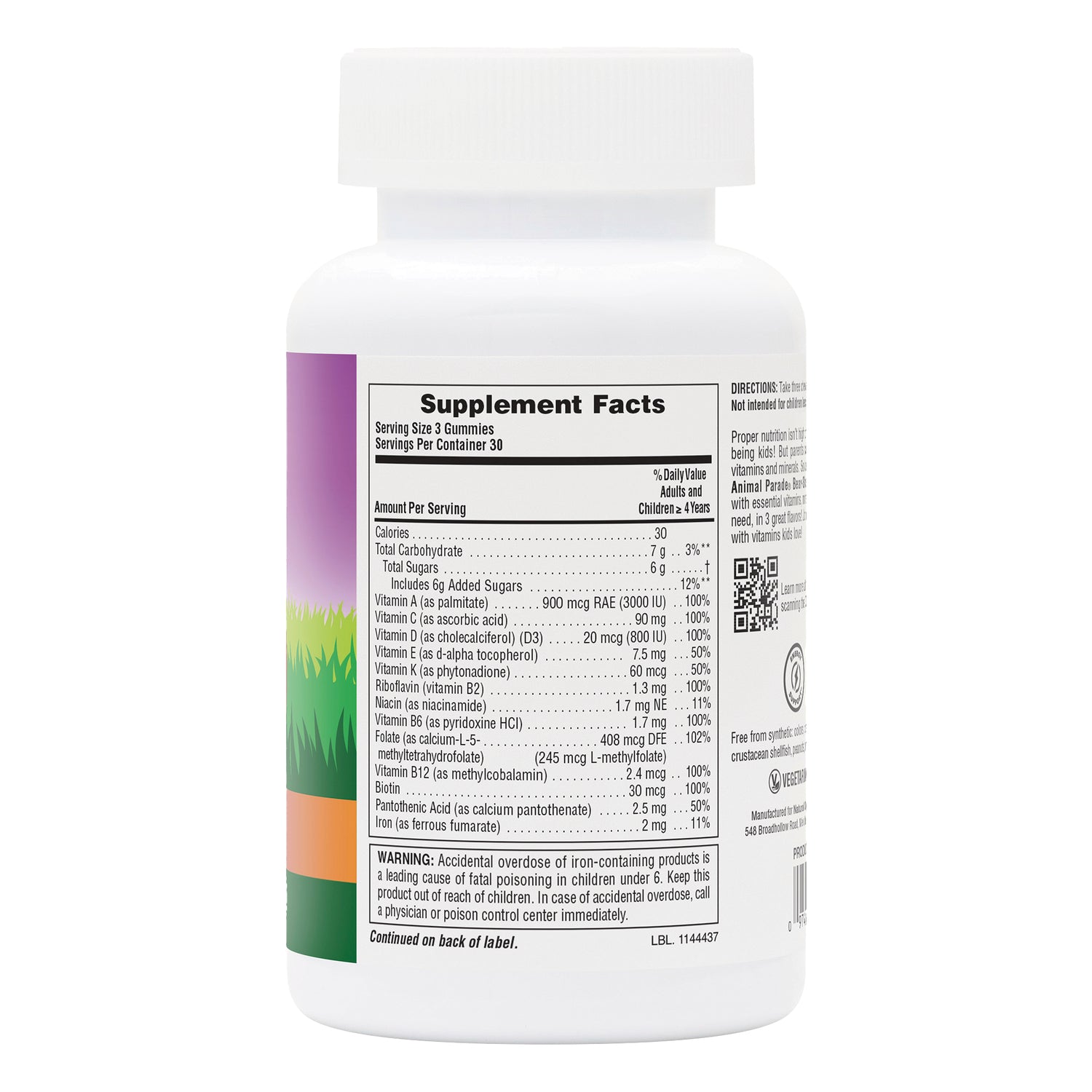 NTP349 | Back of white supplement bottle showing Supplement Facts panel, nutrition facts and warning label