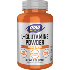 NWF325 | Orange supplement bottle labeled NOW Sports L-Glutamine Powder, Amino Acids, net wt. 6 oz (170 g)
