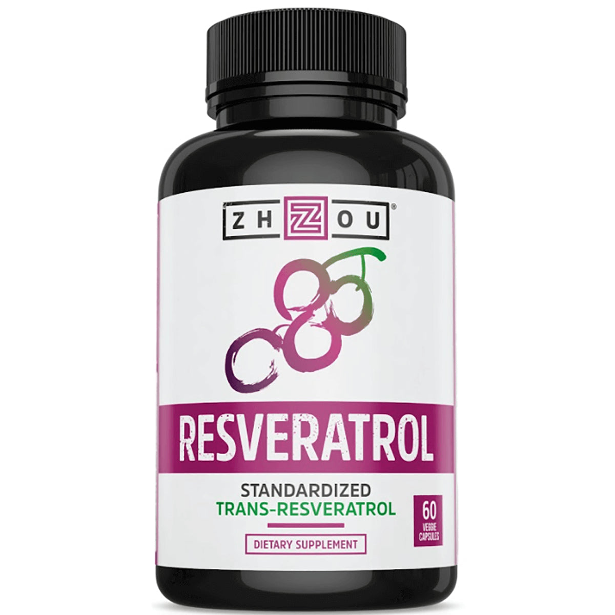 ZOU031 | Zhou Resveratrol supplement bottle, Standardized Trans-Resveratrol, 60 veggie capsules