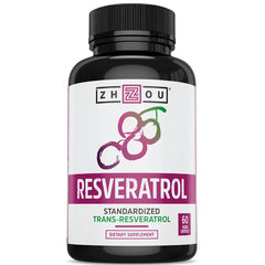 ZOU031 | Zhou Resveratrol supplement bottle, Standardized Trans-Resveratrol, 60 veggie capsules
