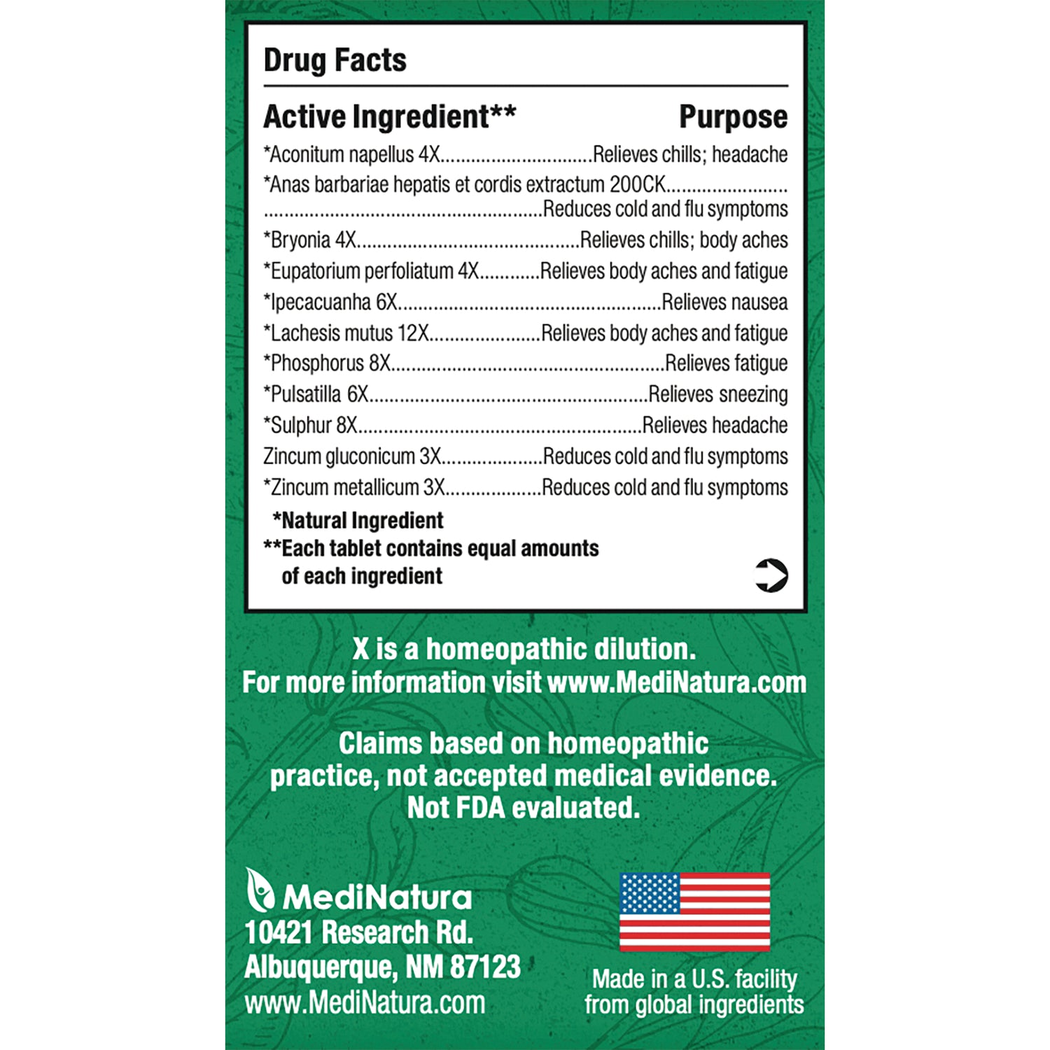 MNA036 | Back of green MediNatura box showing drug facts panel with active ingredients list and small US flag