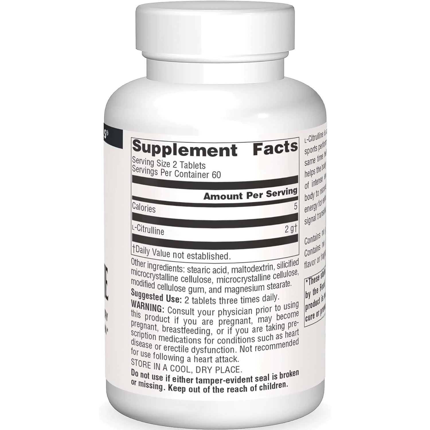 SN673 | Supplement bottle back label with Supplement Facts, ingredients, suggested use, and warning text