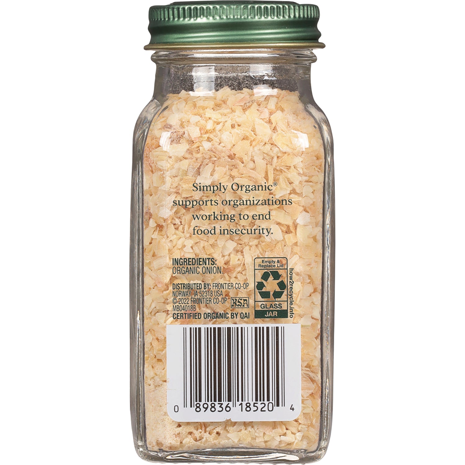 SMP072 | Back of glass jar of dried minced onion showing ingredient text, recycling symbol and barcode
