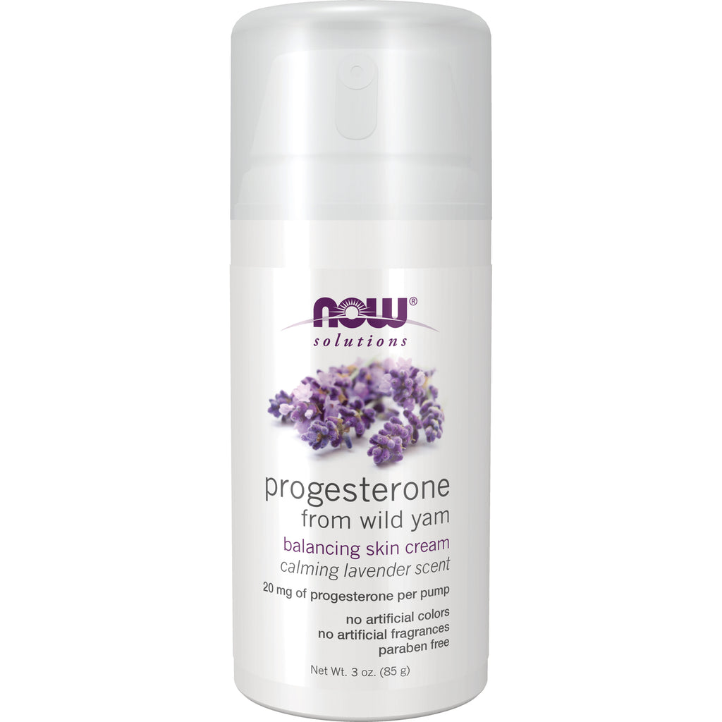 NWF435 | Now Solutions progesterone balancing skin cream pump with lavender sprigs on label, calming lavender scent - Thumbnail