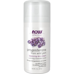 NWF435 | Now Solutions progesterone balancing skin cream pump with lavender sprigs on label, calming lavender scent