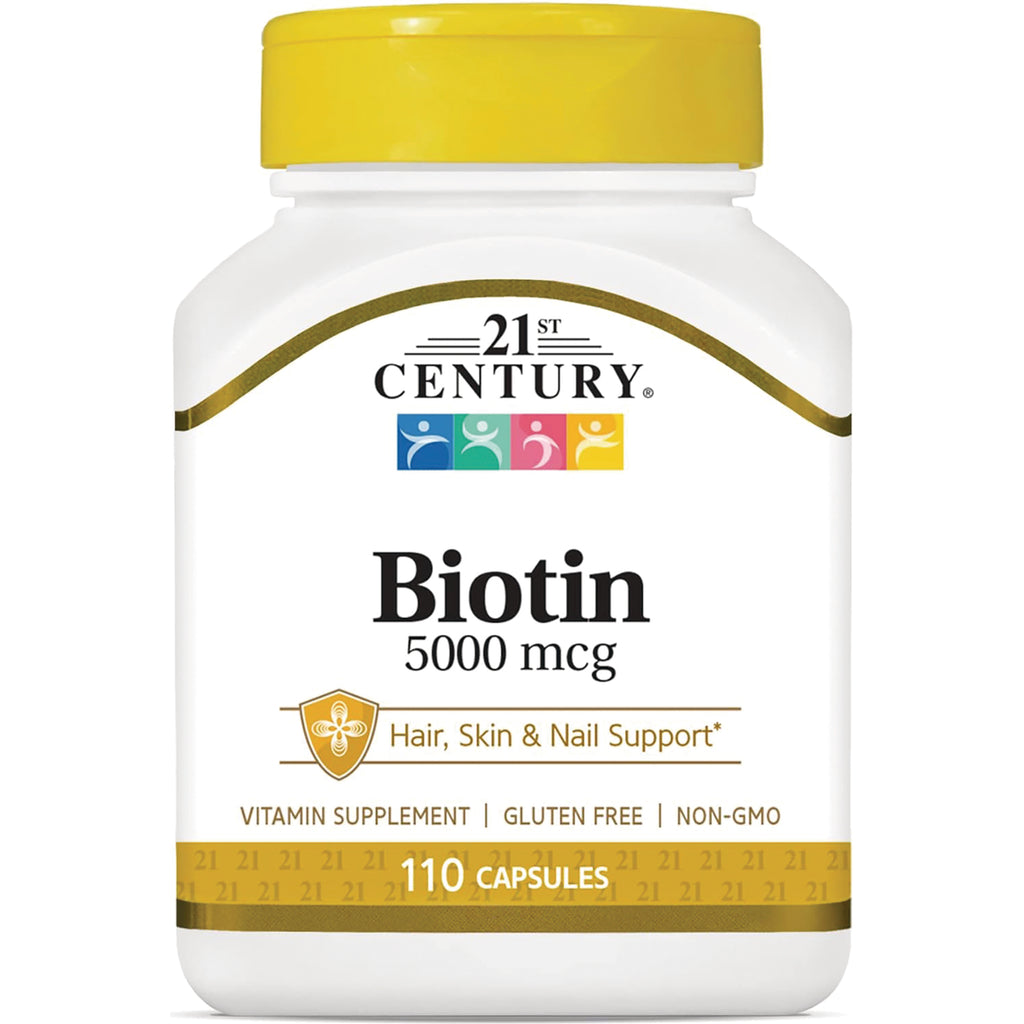 CNT015 | 21st Century Biotin 5000 mcg white bottle with yellow cap, 110 capsules - Thumbnail