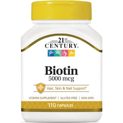 CNT015 | 21st Century Biotin 5000 mcg white bottle with yellow cap, 110 capsules