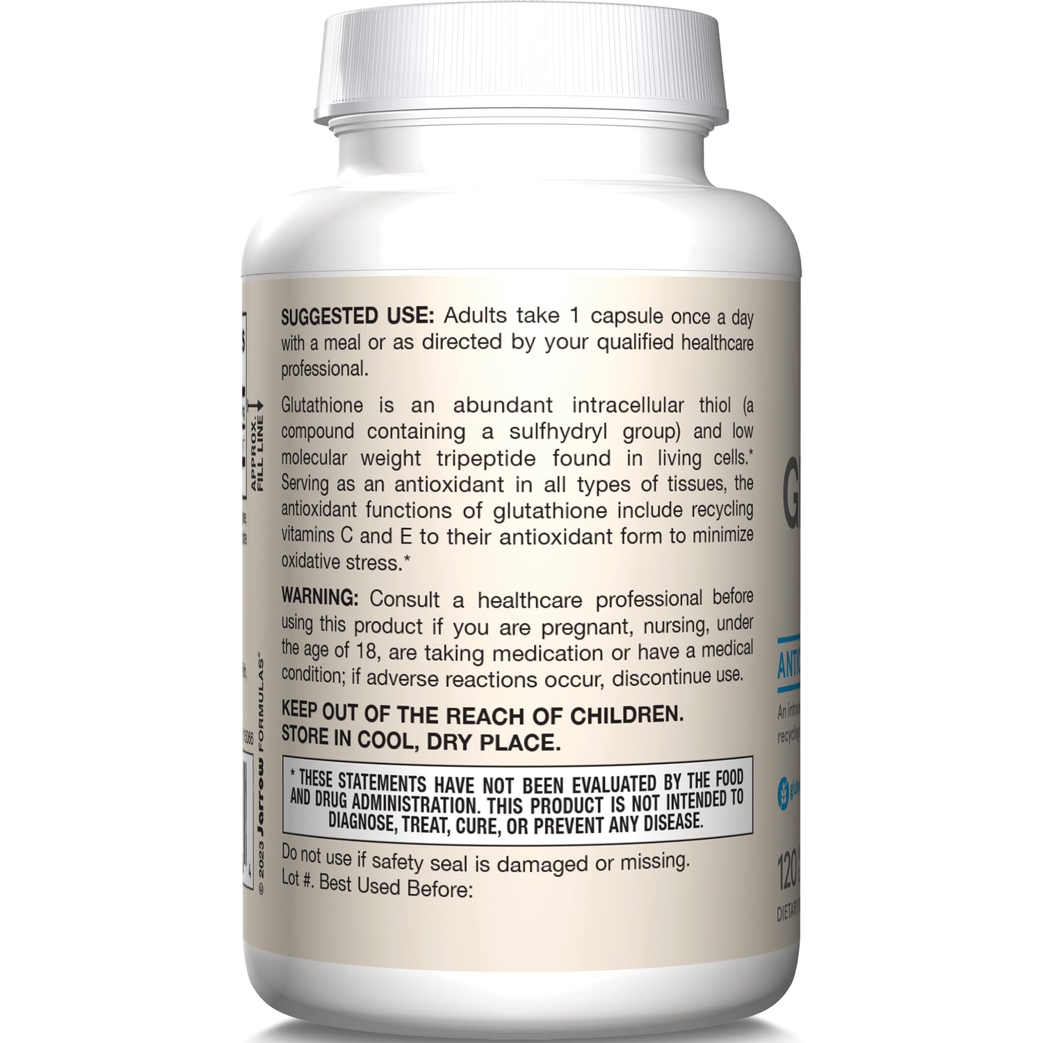 JR319 | back label of white supplement bottle showing suggested use, warning, and storage instructions