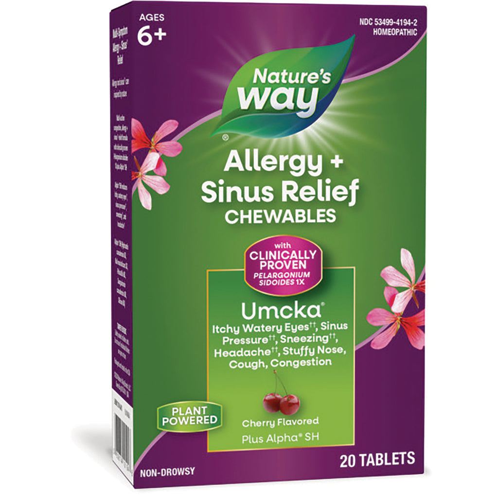NW1053 | Nature's Way Allergy + Sinus Relief chewables Umcka cherry flavored 20 tablets front of box - Thumbnail