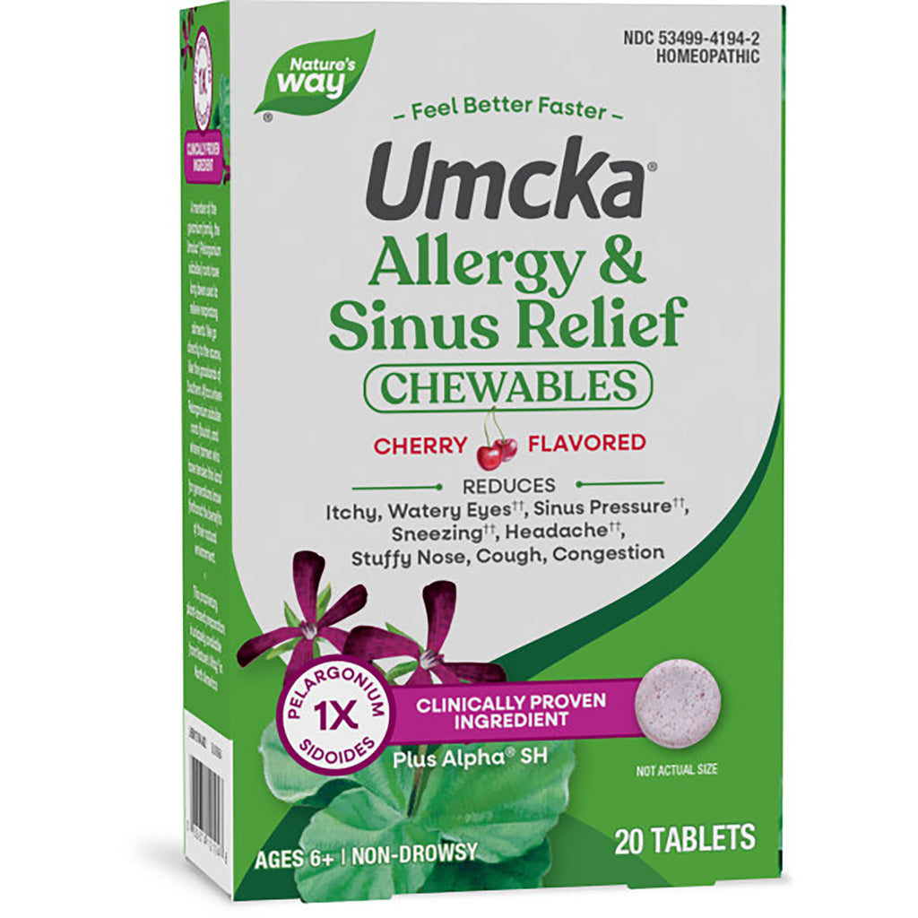 NW1053 | Nature's Way Allergy + Sinus Relief chewables Umcka cherry flavored 20 tablets front of box - Thumbnail