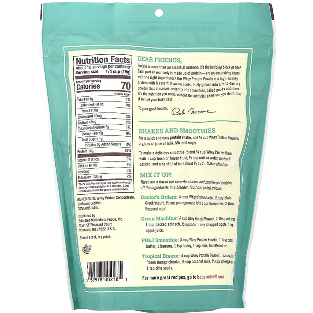 BOB134 | Nutrition Facts panel and ingredient list for whey protein concentrate showing serving size, calories, macros and minerals - Thumbnail