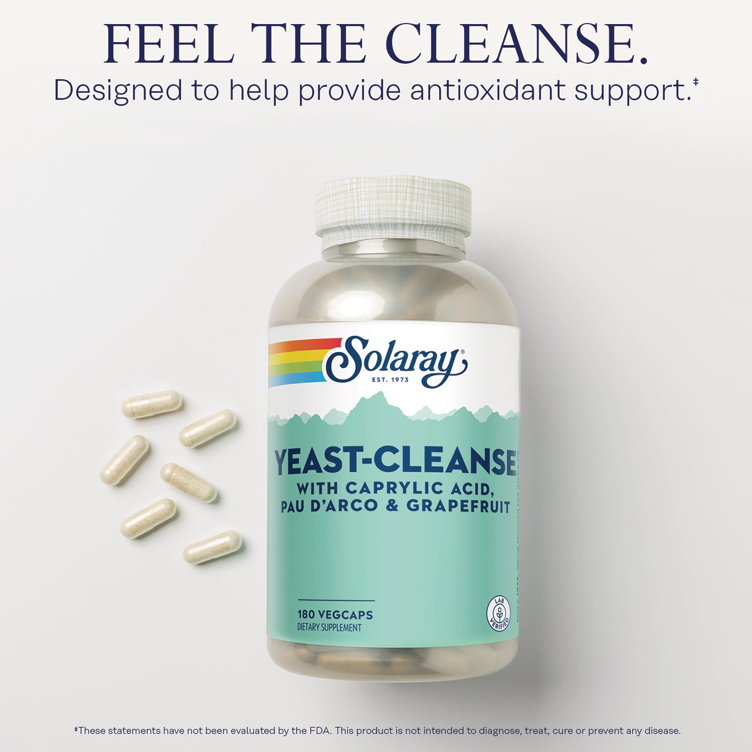 SLR271 | Solaray Yeast-Cleanse supplement bottle with scattered capsules and headline FEEL THE CLEANSE