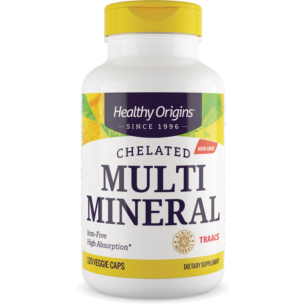 HRG195 | Healthy Origins chelated Multi Mineral bottle front with yellow cap labeled 120 veggie caps - Thumbnail