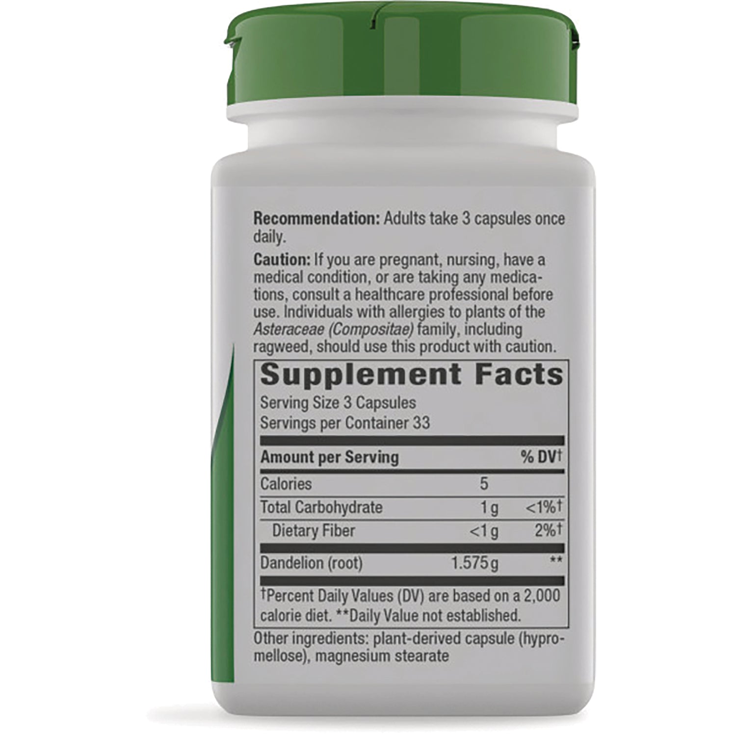 NW127 | Back of white supplement bottle showing Supplement Facts panel listing serving size 3 capsules and Dandelion (root) 1.575 g