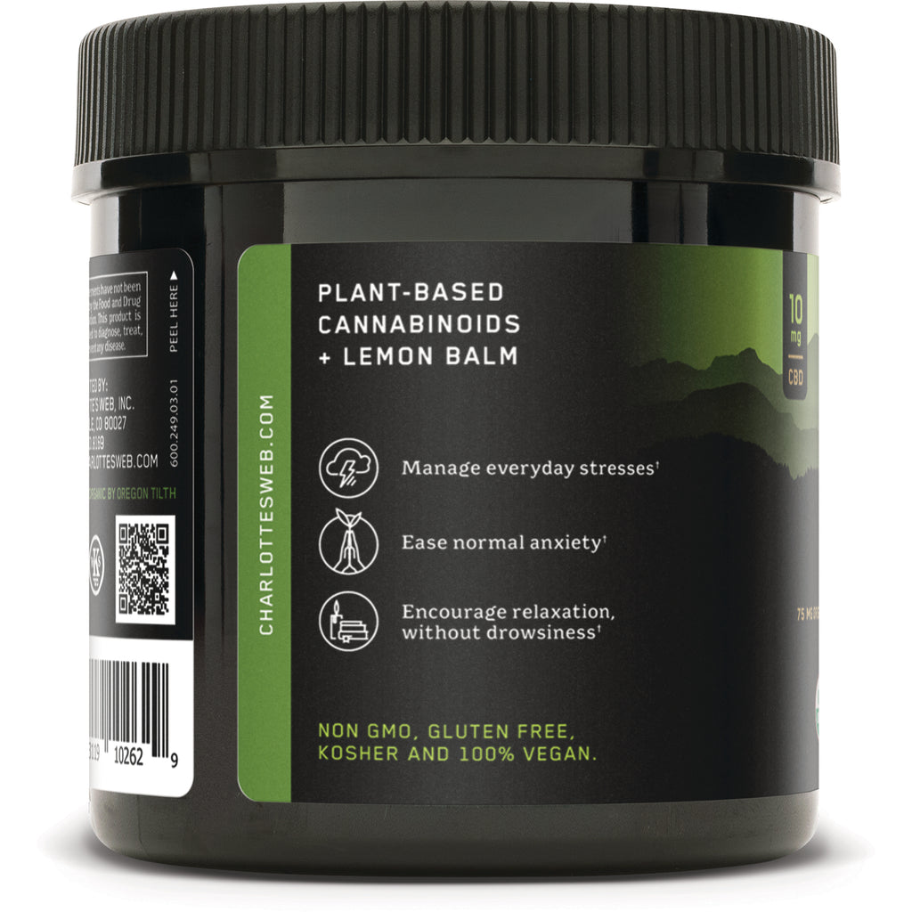 CHW015 | jar side label reading PLANT-BASED CANNABINOIDS + LEMON BALM, icons with benefits and NON GMO, gluten free, 100% vegan - Thumbnail